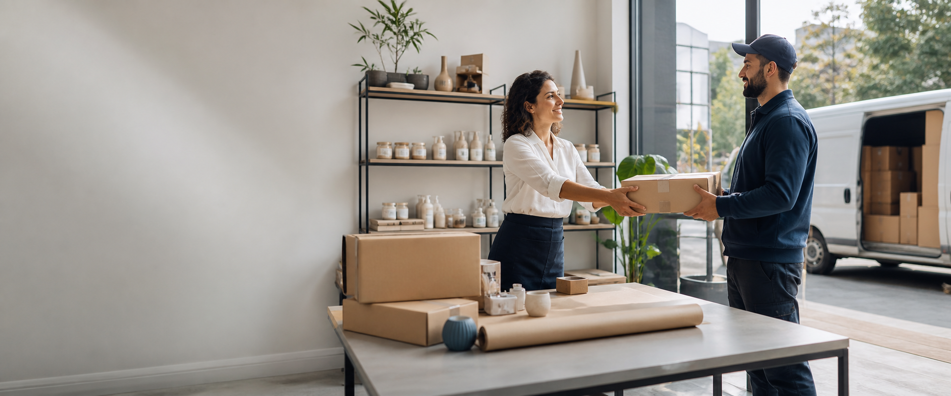 E-ticaret siparişini paketleyip kargo görevlisine teslim eden işletme sahibi